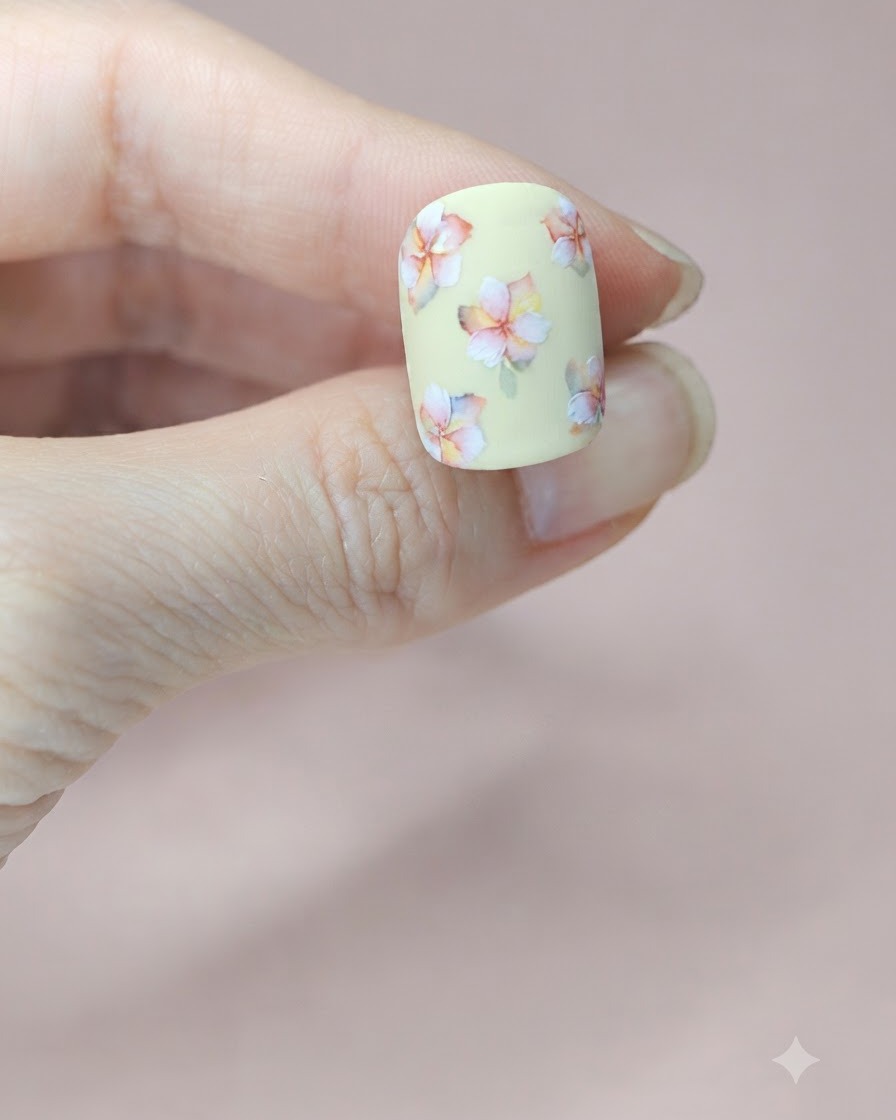 Eine Nahaufnahme eines blassgelben Nagels mit einem winzigen grünen Aquarell-Blatt, das neben dem mittleren Blumen-Cluster gemalt ist.