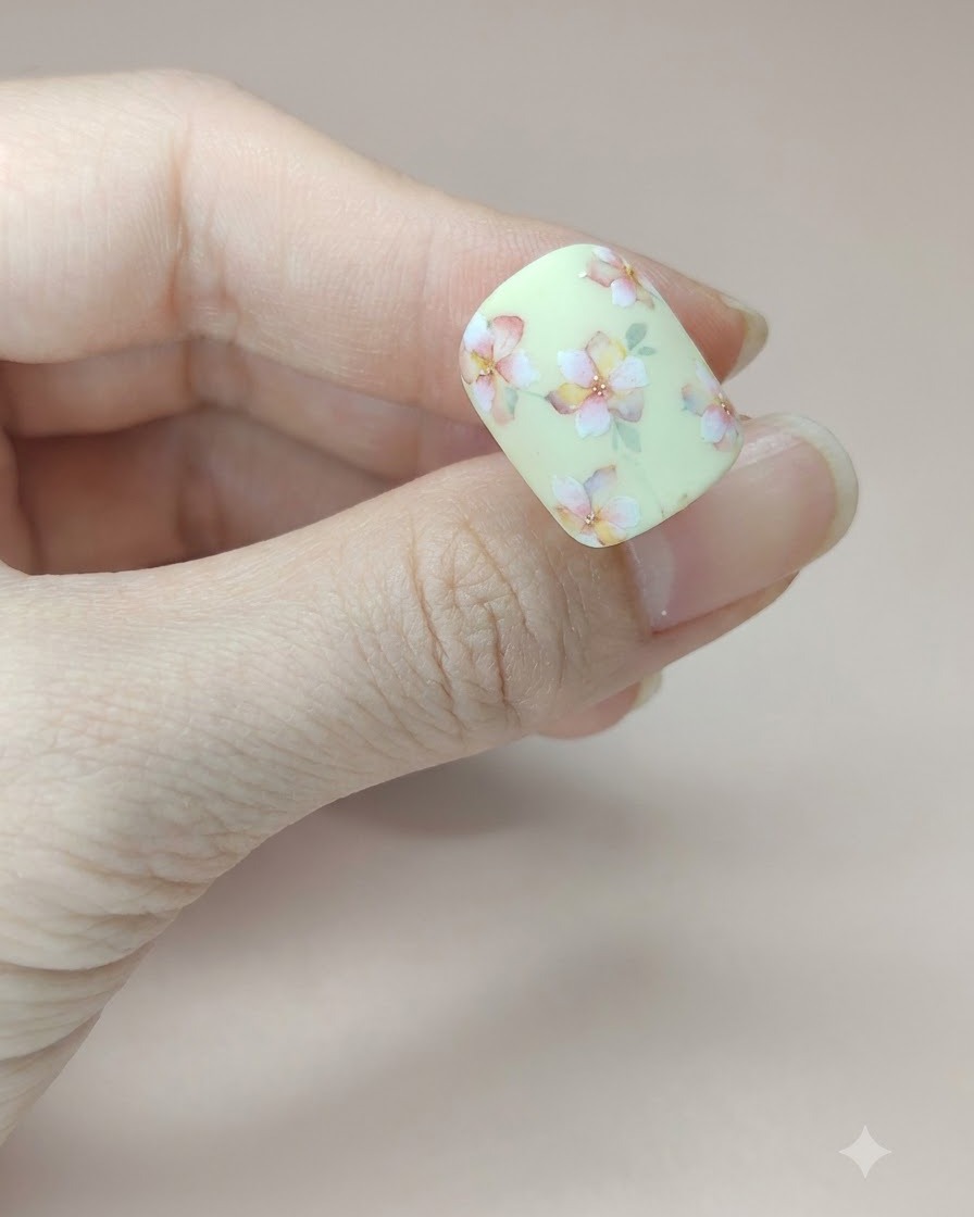 Ein Fingernagel mit einem zarten grünen Aquarell-Blatt, das in der Nähe des unteren Blumendesigns positioniert ist.