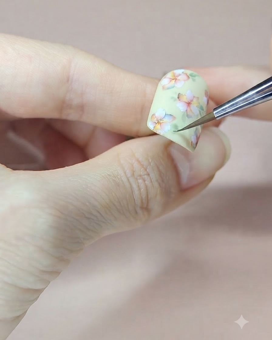 Ein feiner Detailpinsel fügt kleine grüne Aquarell-Blätter um die obere Blume auf einem pastellgelben Nagel hinzu.