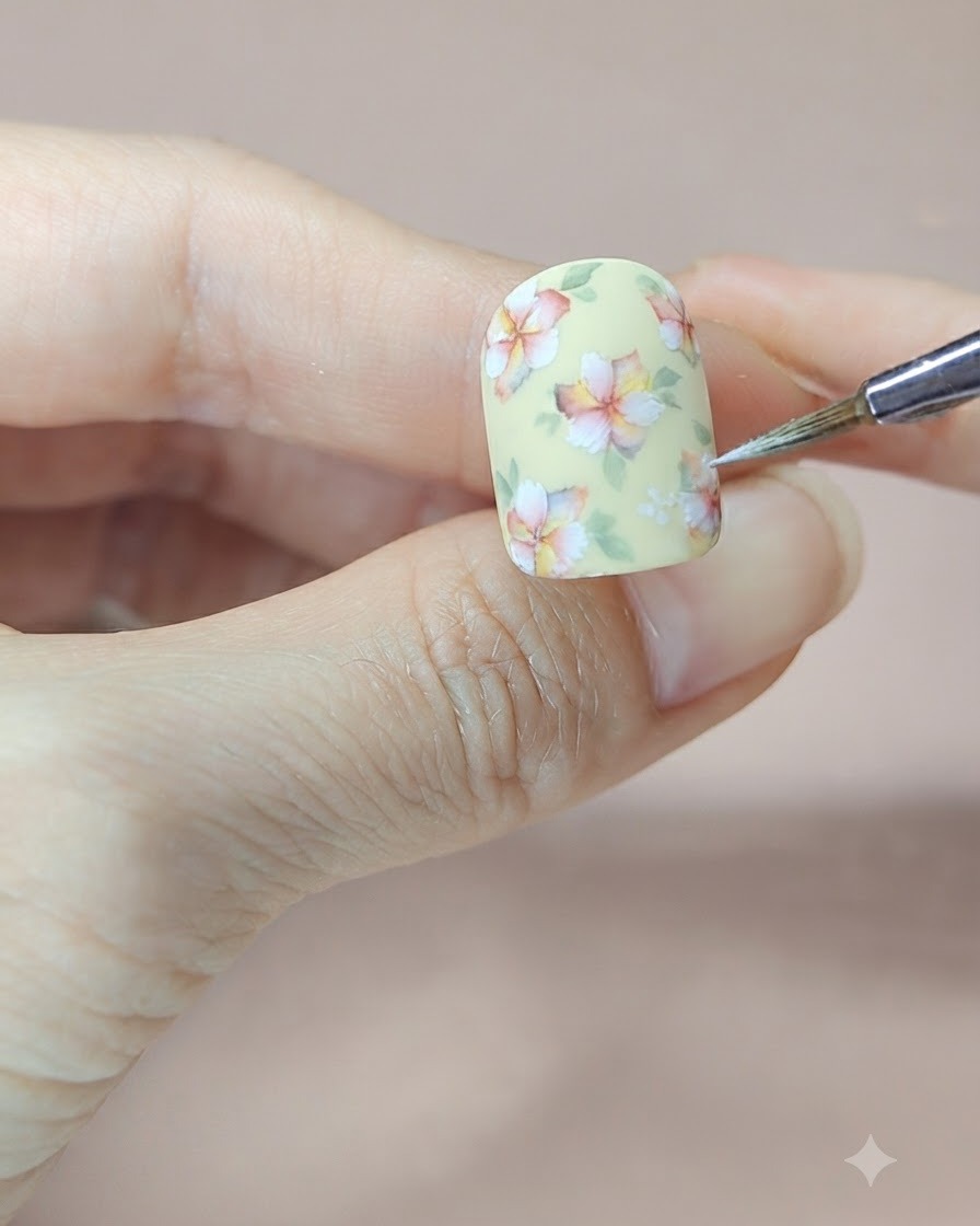 Ein Nailartist verfeinert grüne Blattkanten und fügt der fertigen floralen Nailart kleine weiße Mittelpunkte hinzu.