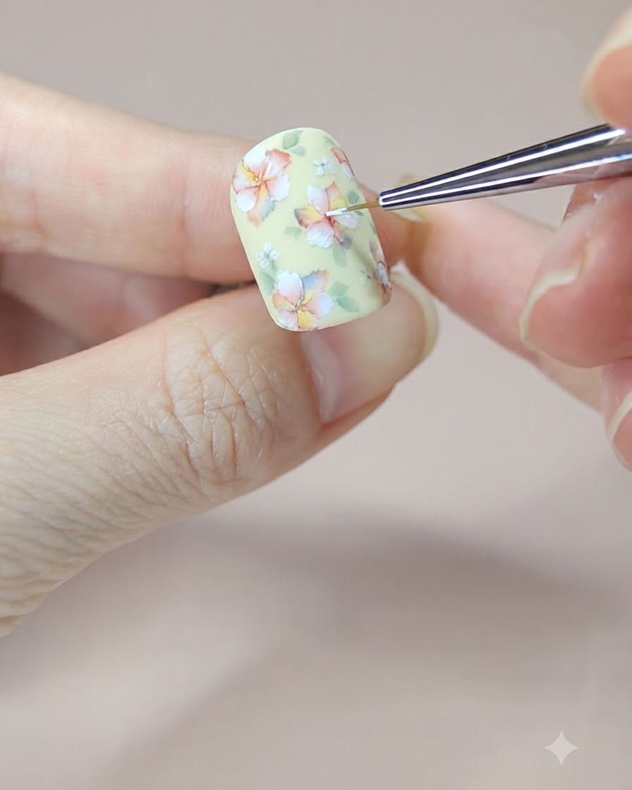Ein feiner Nailart-Pinsel platziert einen weißen Gel-Punkt in die Mitte einer gemalten Blume.