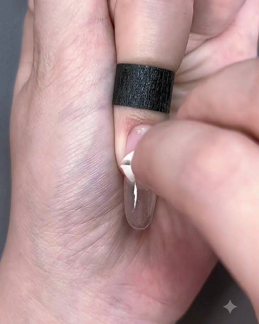 Eine Nahaufnahme eines kleinen weißen Schwammwerkzeugs, das rosa Gel auf einen transparenten Nageltipp tupft.