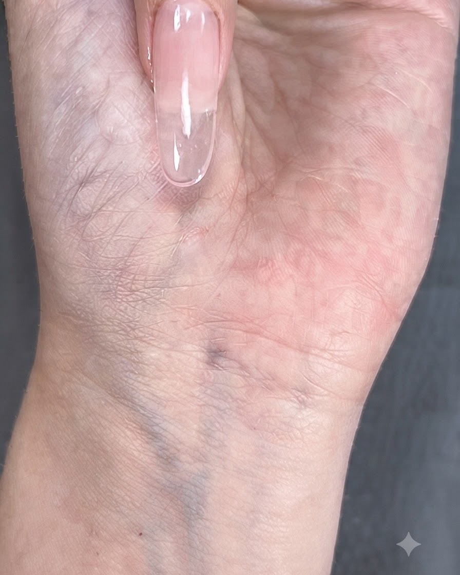 Ein Fingernagel, der einen undurchsichtigen milchig-rosafarbenen Farbverlauf zum Nagelbett hin zeigt.