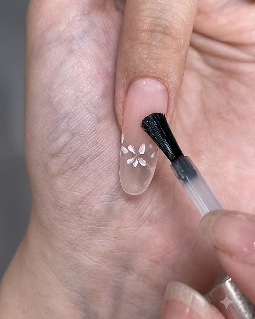 Ein Pinsel trägt eine Schicht matten Überlack gleichmäßig über einen transparenten Nageltipp mit kleinen weiß gemalten Blumen auf.