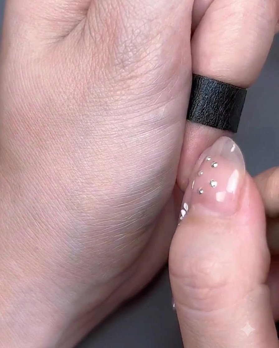 Eine Hand arbeitet an filigranen Nail-Art-Details auf einem Nagel mit transparenter Spitze.