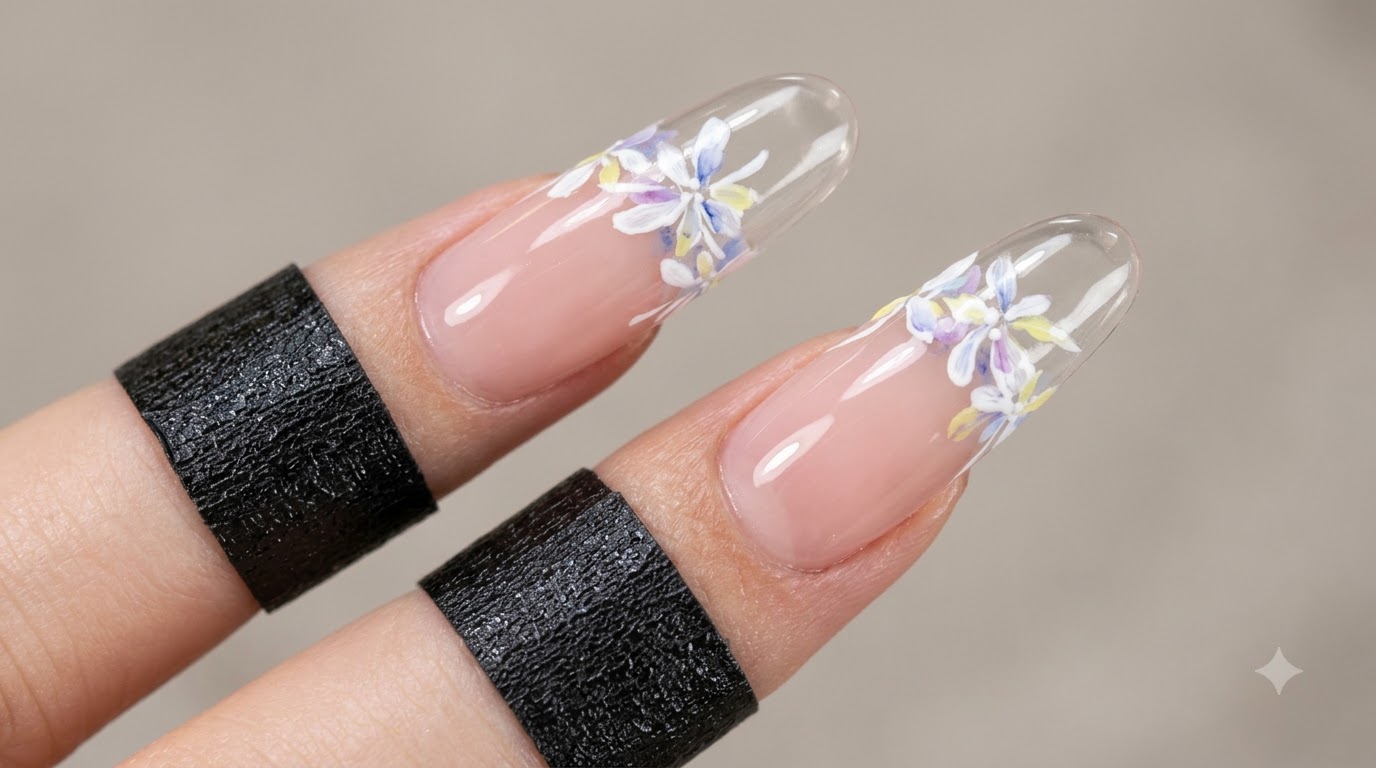 Transparente French Tips mit mehrschichtiger Aquarell-Blumenkunst — Schritt-für-Schritt Anleitung