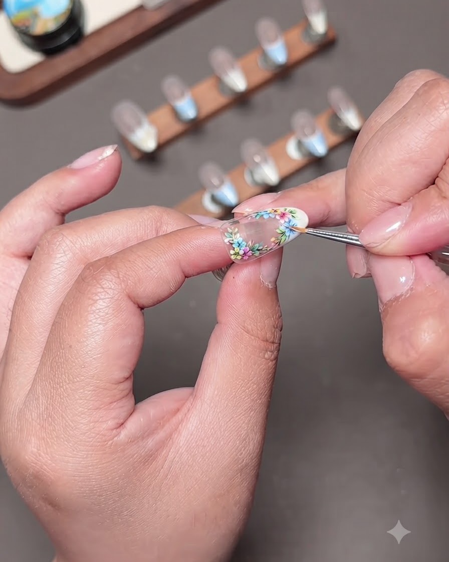 Eine Nahaufnahme eines feinen Nail-Art-Pinsels, der die Ränder kleiner Blumenkunst auf einem Press-On-Nagel verfeinert.