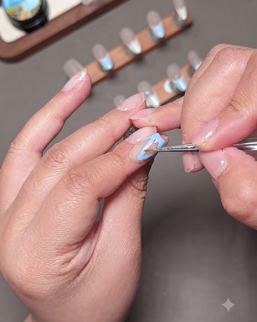Eine Nahaufnahme eines Dotting-Tools mit klarem Griff, das über einem Nagel schwebt, um gelbe Details aufzutragen.