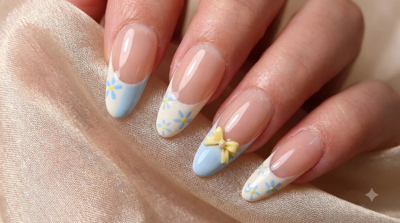 Fertige Press-On-Nägel mit glänzender Nude-Basis, asymmetrischen French Tips in Weiß und Babyblau sowie zarten blauen Blumen mit gelben Zentren.