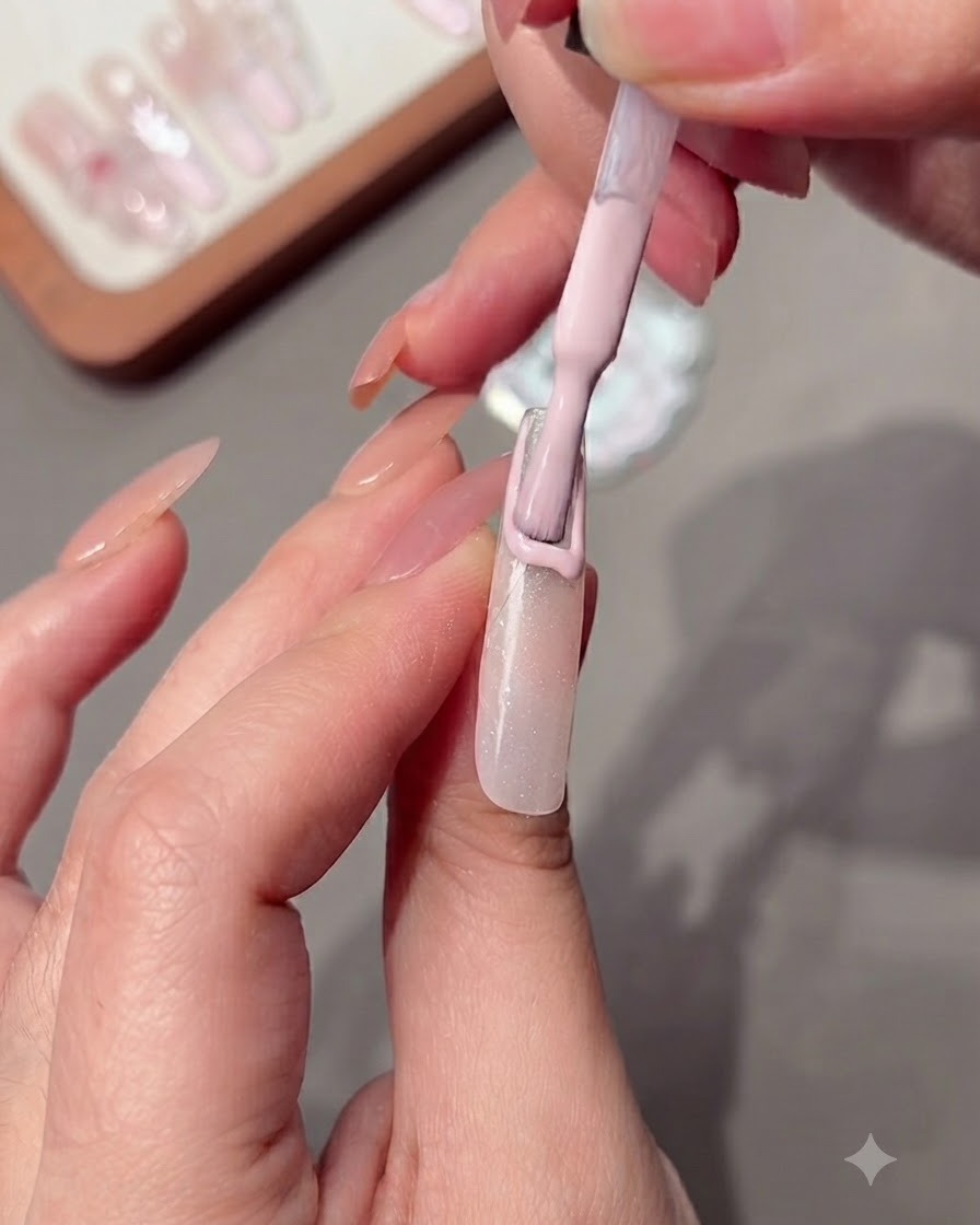 Nude-rosafarbenes Gel-Polish wird entlang der Schablone aufgetragen.