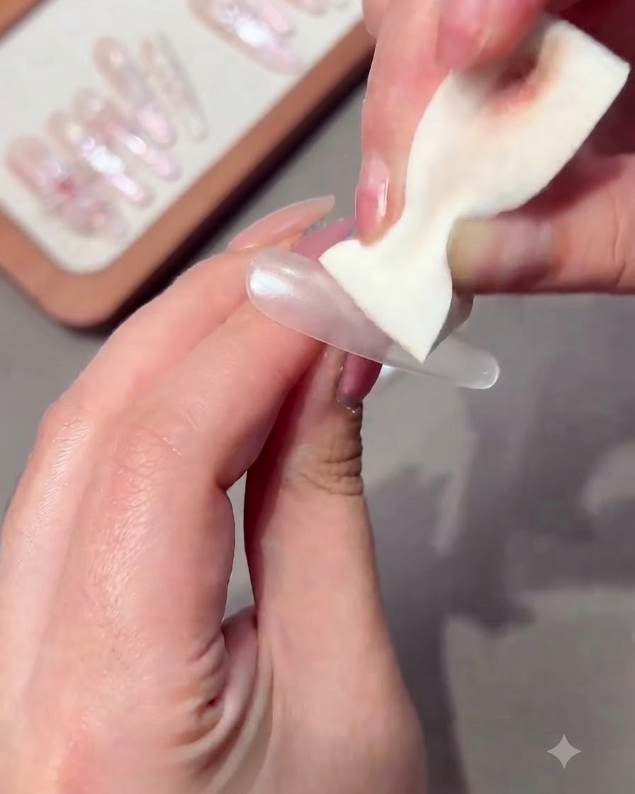 Eine Hand trägt Nude-rosafarbenes Gel halbflächig auf einen langen Nagel auf.
