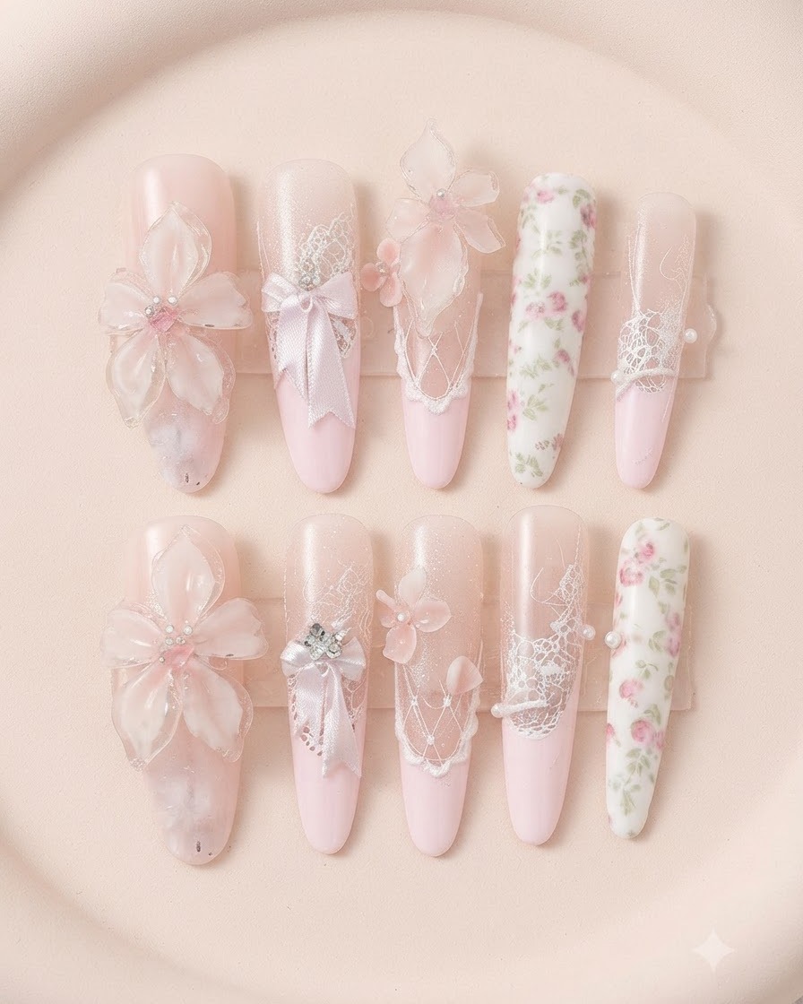 Ein weiches milchiges Rosa-Gel wird mit einem Blending-Pinsel auf dem Nagel verwischt.