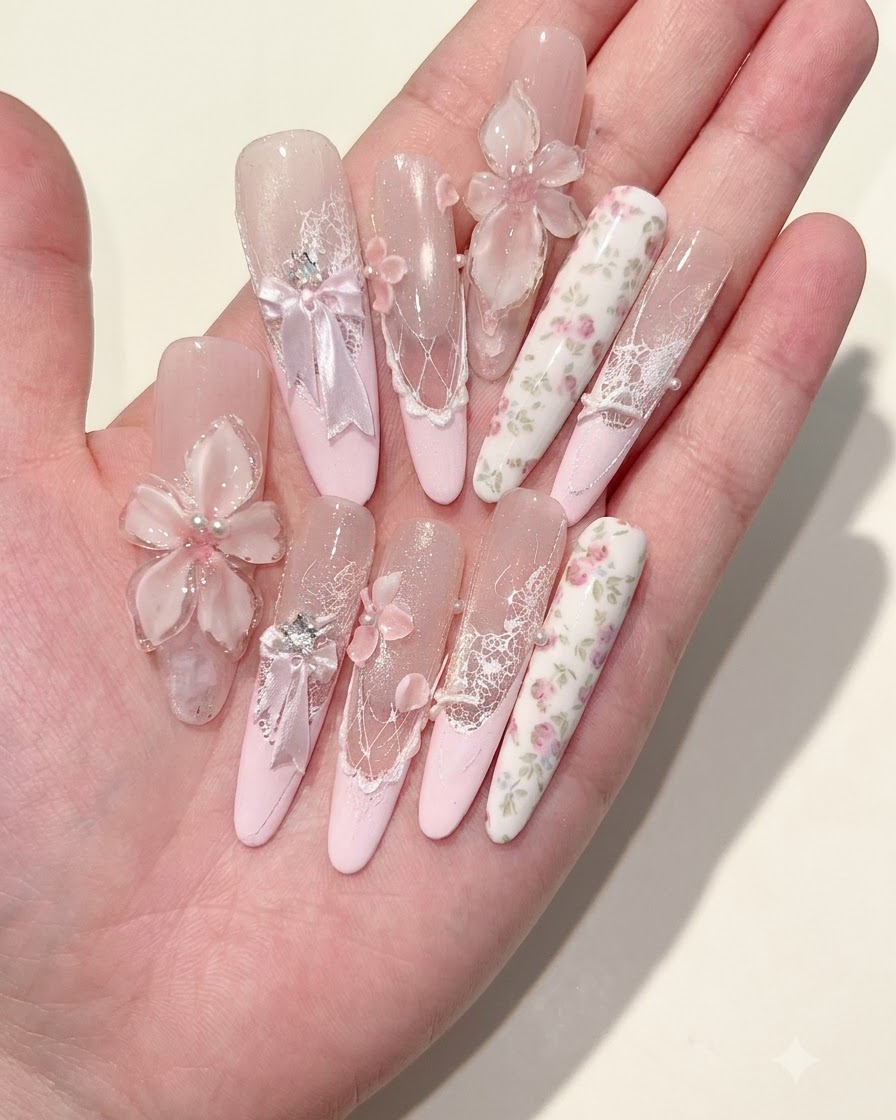 Eine Hand hält fertige, lange Dekornägel mit texturierten Blumen- und Schleifendetails.