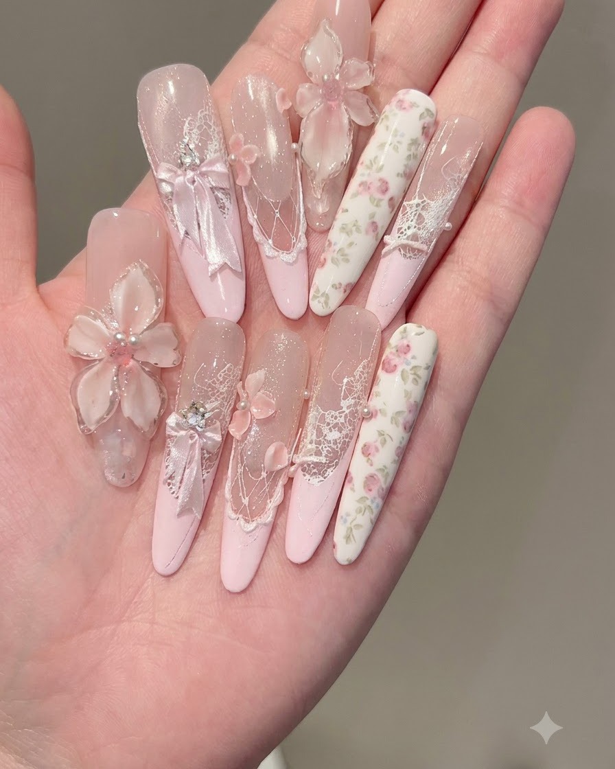 Eine Hand hält eine rosa Nagelfeile und glättet die Oberfläche eines fertigen Nagels.