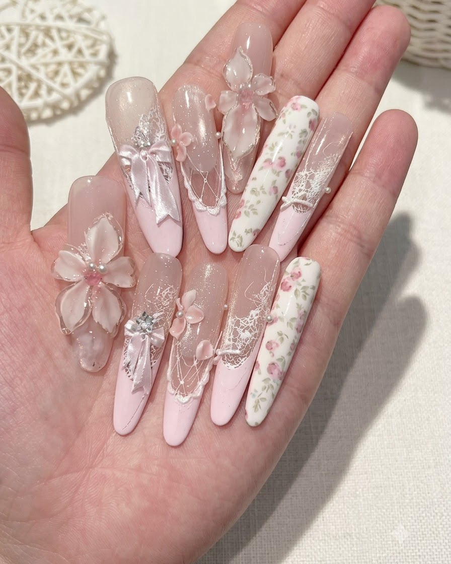 Nahaufnahme vollendeter langer rosa Nageldesigns auf einer geöffneten Handfläche.