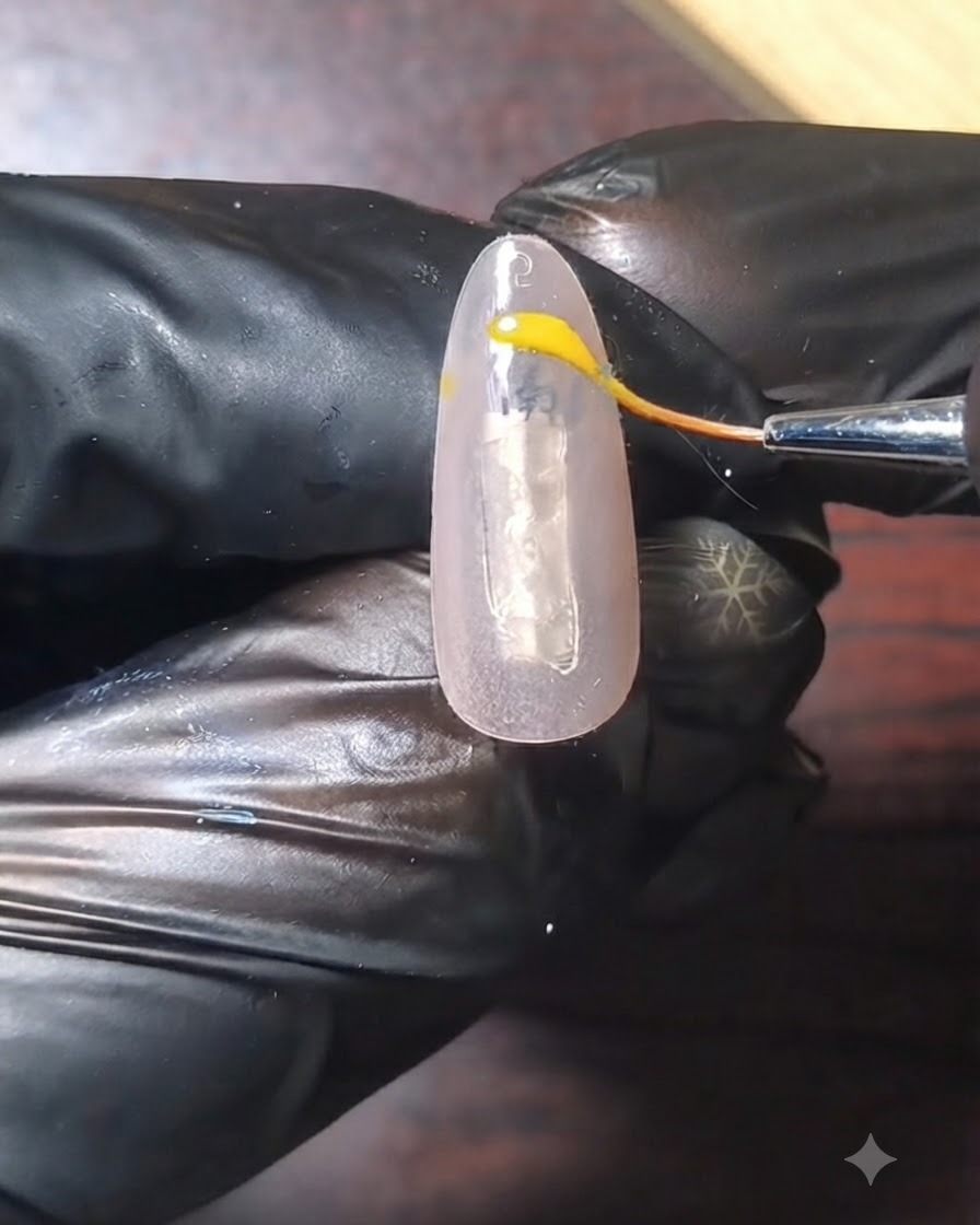 Ein feiner Pinsel trägt eine geschwungene gelbe French-Tip-Linie auf einen Nagel mit Nude-Basis auf.