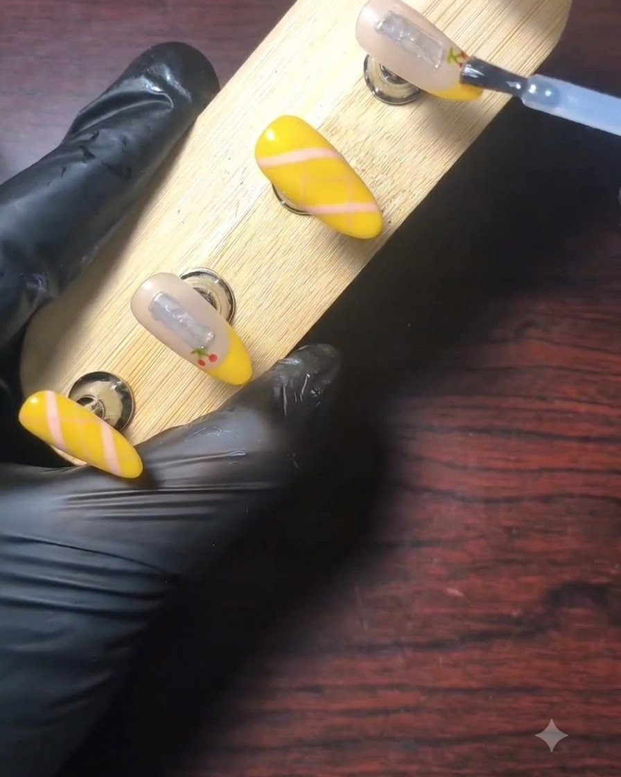 Eine handgeschützte Hand trägt mit einem Pinsel einen klaren, glänzenden Topcoat auf einen dekorierten gelben French-Tip-Nagel auf dem Display auf.