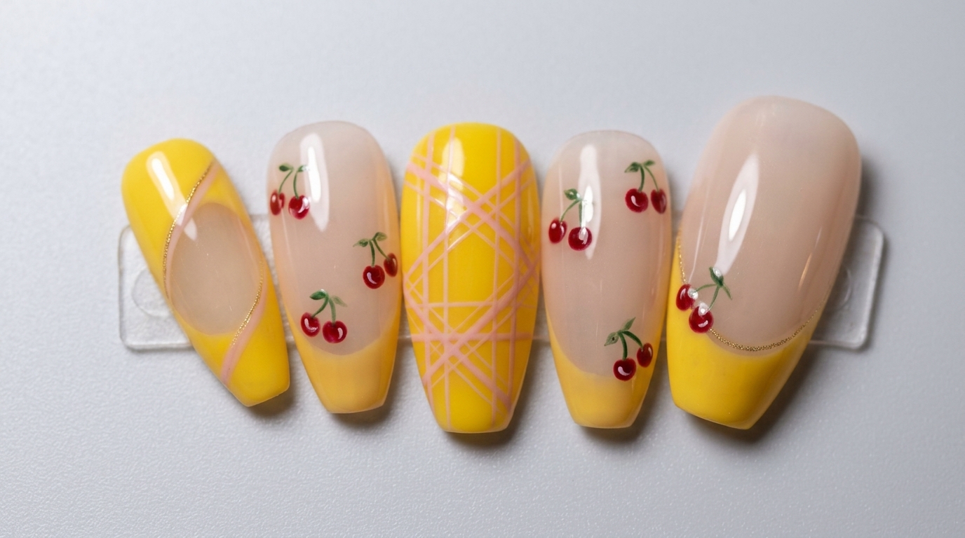 Gel-Nägel mit gelben French Tips, Karomuster und Kirsch-Nail-Art — Schritt-für-Schritt-Anleitung