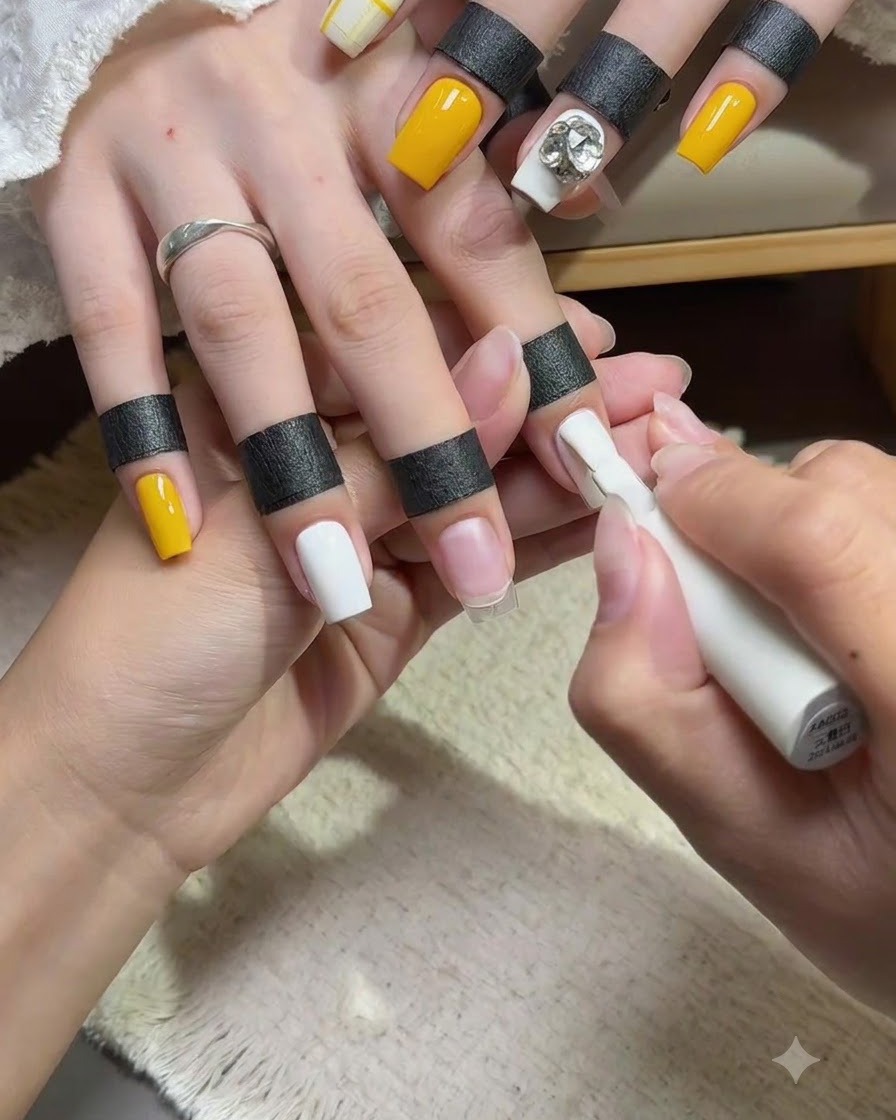 Ein Nagelpinsel trägt eine glatte Schicht deckenden weißen Gel-Lacks auf den Mittelfinger auf.