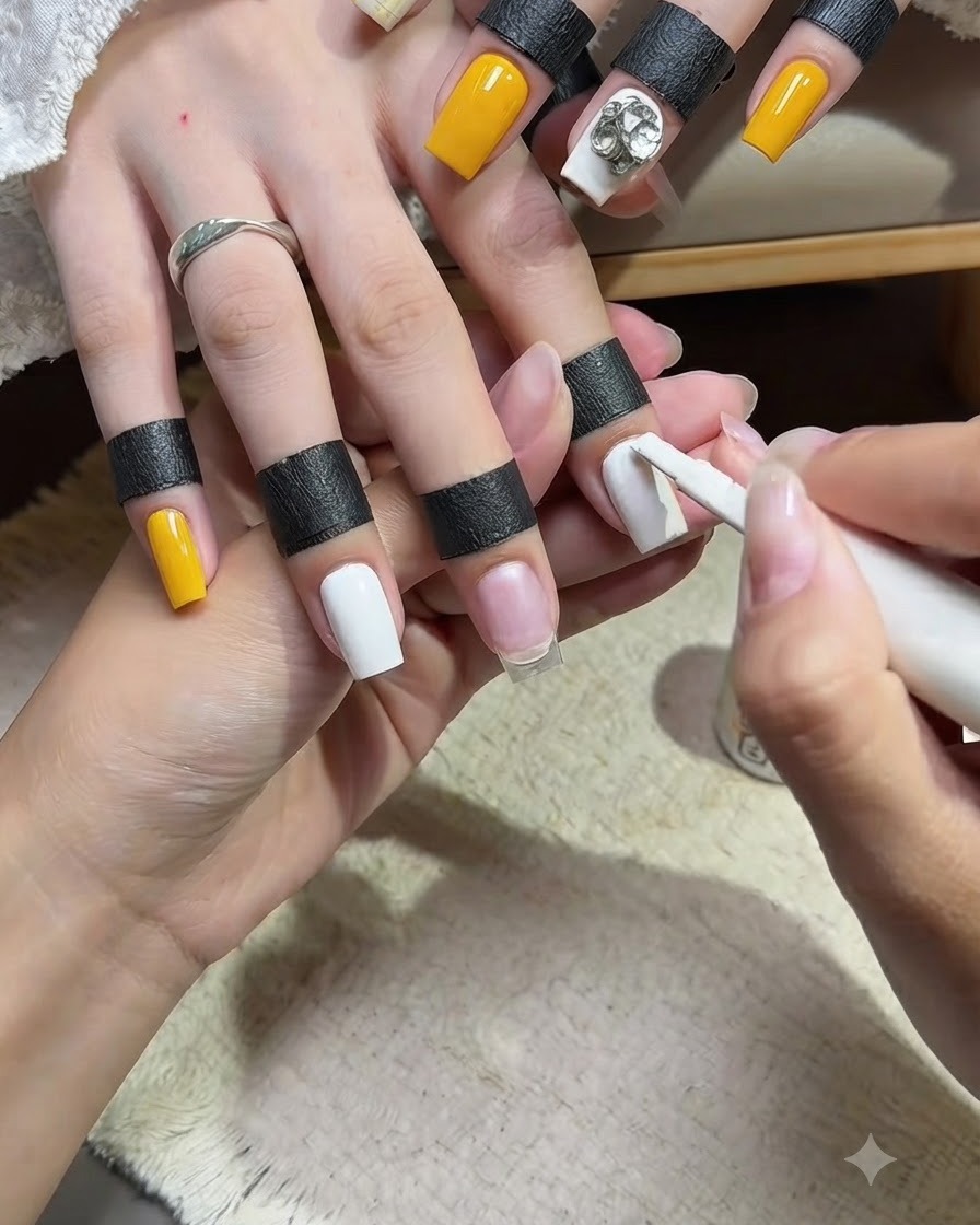 Eine Nageldesignerin trägt deckenden weißen Gel-Lack auf einen langen, quadratischen Ringfinger auf, während die anderen Nägel ein einifarbiges Gelb zeigen.