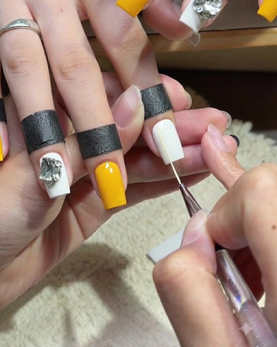 Ein feiner Nail-Art-Detailpinsel zieht einen dünnen gelben Streifen auf einen einifarbig weißen Ringfinger.