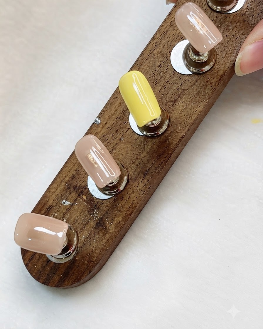 Nagelspitzen zeigen glänzende, opake zweite Schichten aus gelbem und Nude-farbenem Gel.