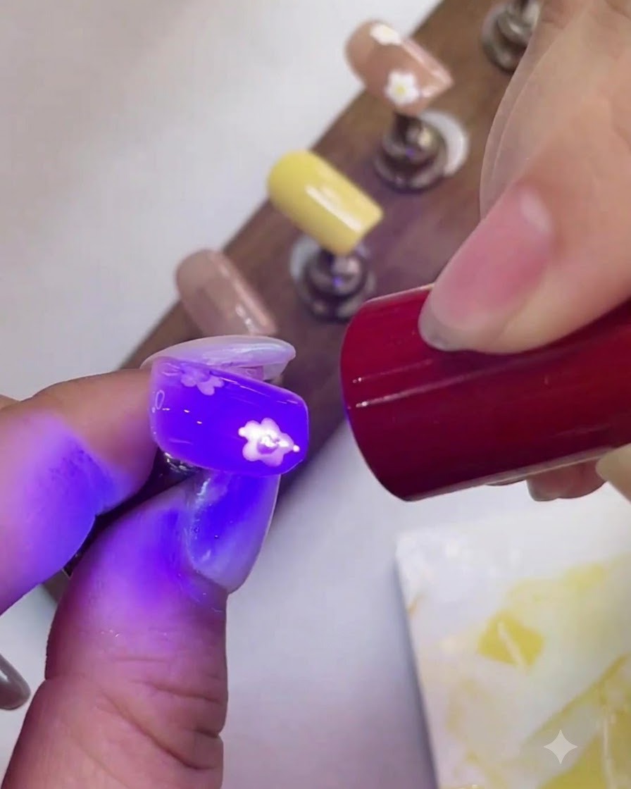 Eine violette UV-Stiftlampe härtet ein gelbes Blumenzentrum auf einer dekorierten Nagelspitze aus.