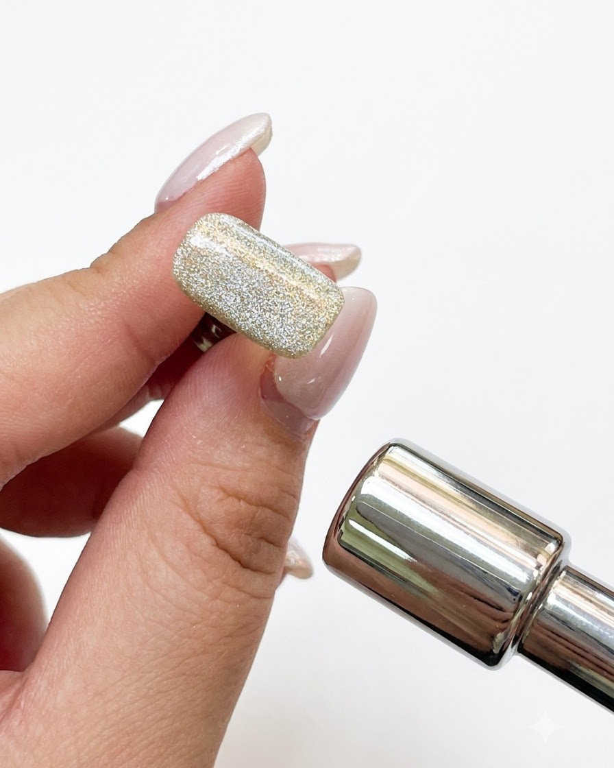Ein Magnetstab wird nahe an eine schimmernde Cat-Eye-Gel-Spitze gehalten, um Partikel auszurichten.