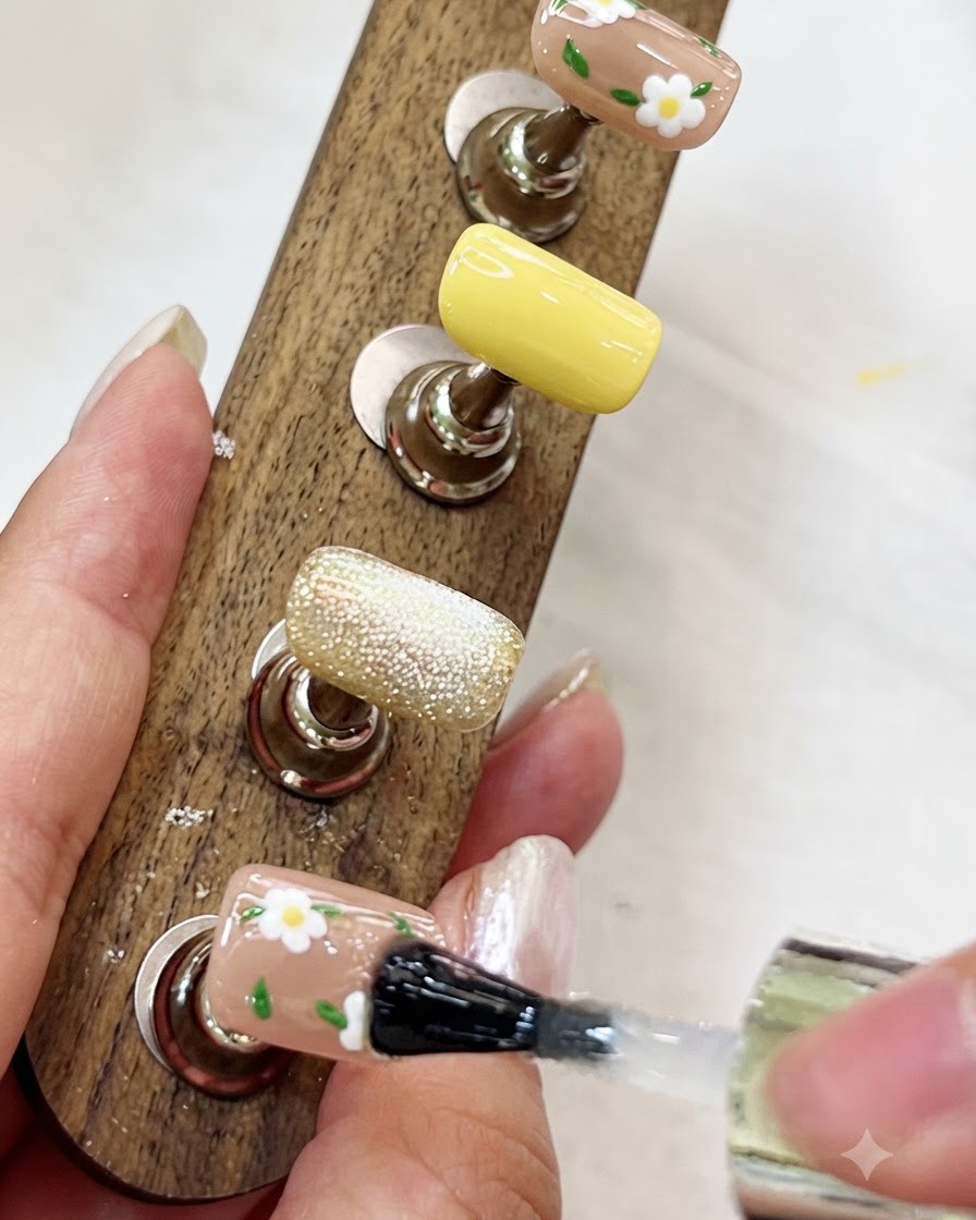 Ein Pinsel trägt einen klaren Hochglanz-Top-Coat auf einen floral bemaltem Nagel auf.