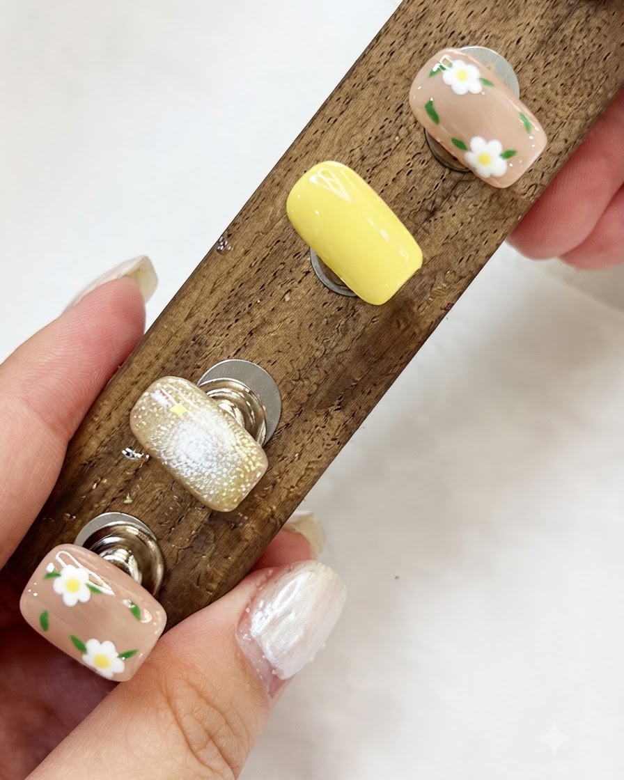 Ein kompletter Satz fertiger floraler und Cat-Eye-Nagelkunstspitzen auf einem Holzständer.