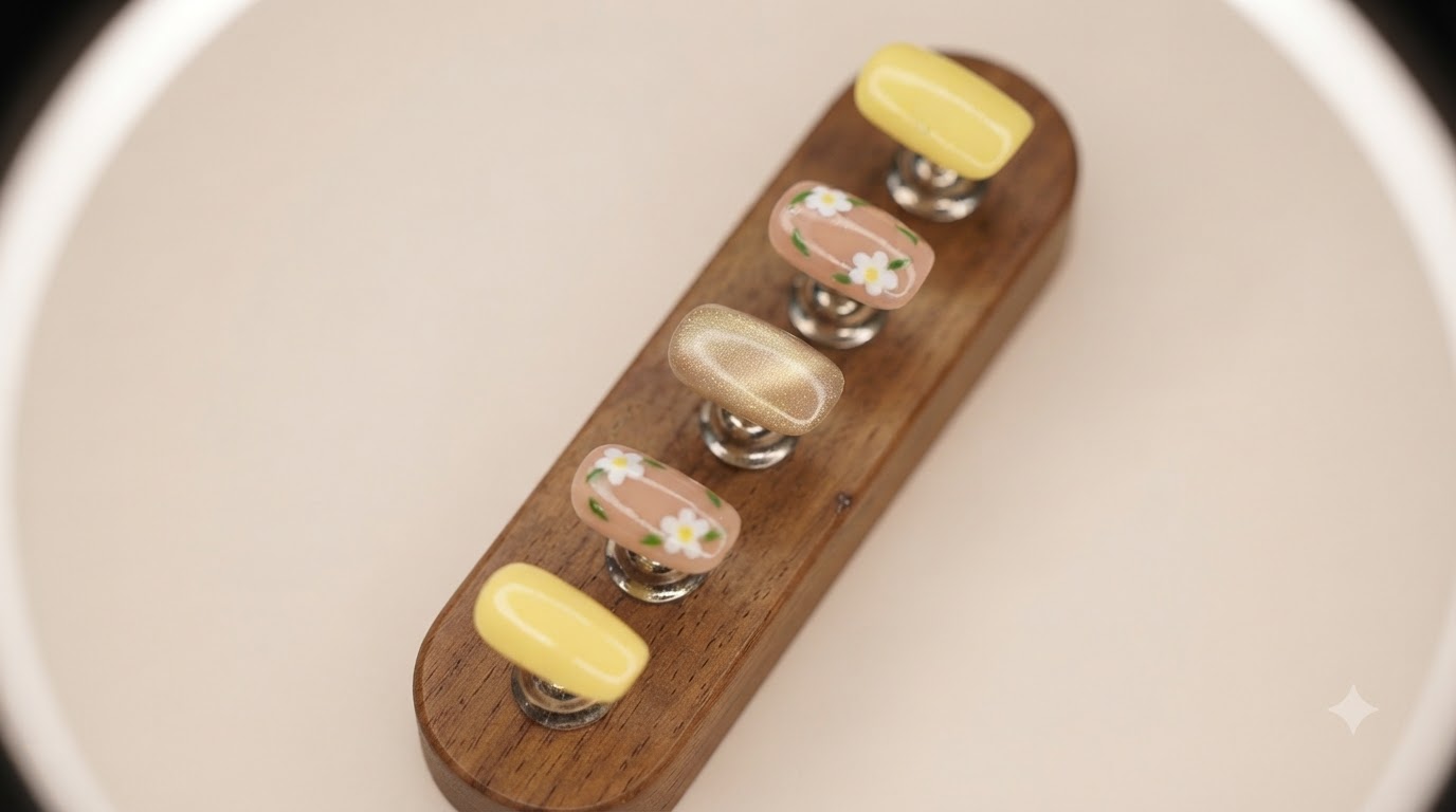 Nahaufnahme des fertigen Frühlings-Nageldesigns in milchigem Gelb und Nude mit handgemalten Blumen auf einem Holzständer.