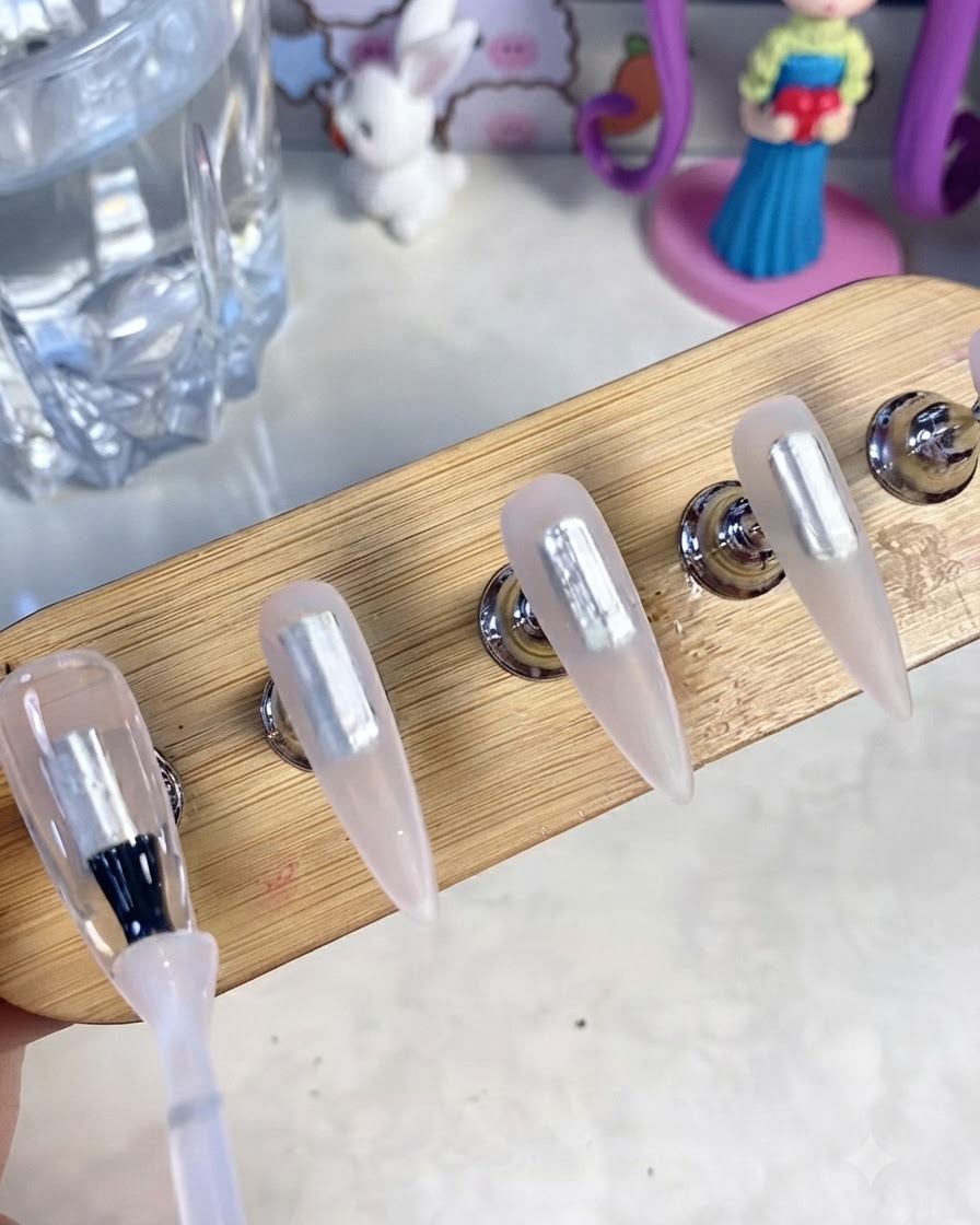 Eine Nahaufnahme zeigt einen Gelpinsel, der klares Base Gel auf künstliche Nagel-Tips aufträgt, welche auf einem Holzständer befestigt sind.