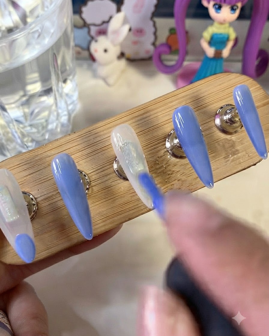 Ein Pinsel malt konzentriert ein leuchtend blaues French-Tip-Design über eine milchig weiße Basis auf einem Übungs-Nageltip.