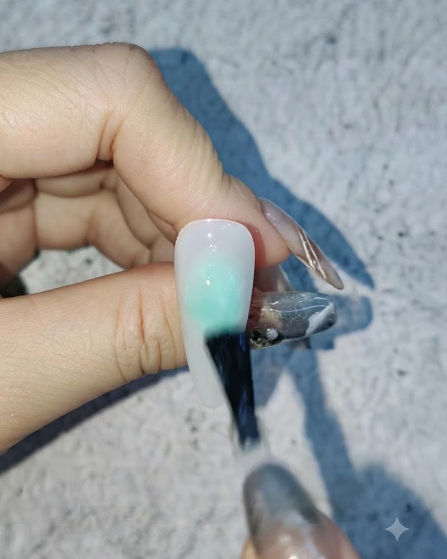 Ein Pinsel trägt einen klaren matten Top Coat auf eine weiß lackierte Nageloberfläche auf.