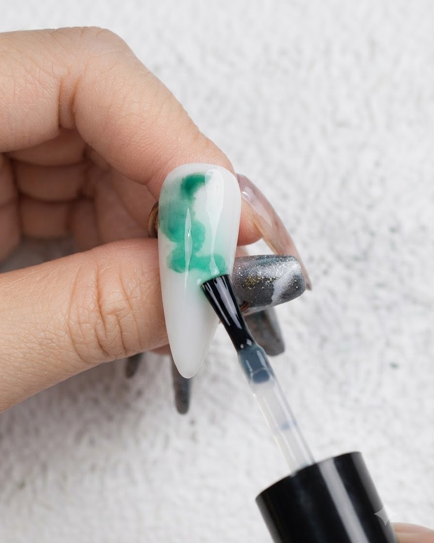 Ein Pinsel tropft grünes Blooming Liquid auf die Nageloberfläche, um organische Formen zu erzeugen.
