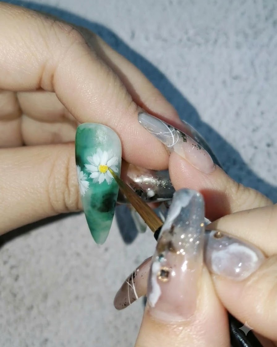 Ein feiner Pinsel fügt leuchtend gelbe Aquarellfarbe in die Mitte eines weißen Gänseblümchen-Nail-Art-Designs hinzu.