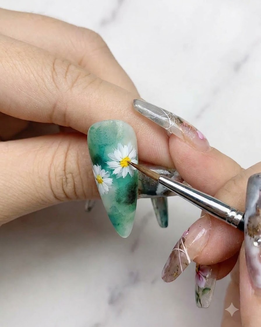 Ein feiner Nail-Art-Pinsel malt zarte grüne Blätter und Stängel neben weiße Gänseblümchen auf einen grünen Aquarell-Nagelhintergrund.