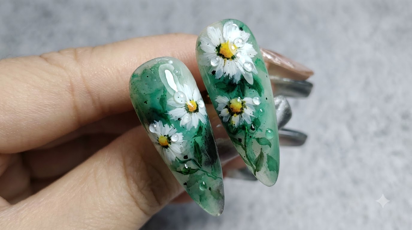 Ink Wash Stil Kleine Gänseblümchen Nail Art — Schritt-für-Schritt-Anleitung