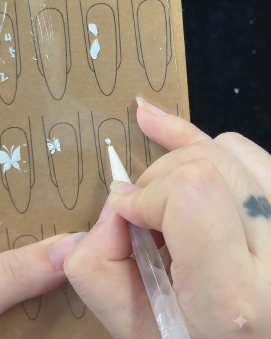 Die Hand einer Nageldesignerin, die mit einem feinen Pinsel eine gekreuzte Klammerform auf ein Übungsblatt zeichnet.