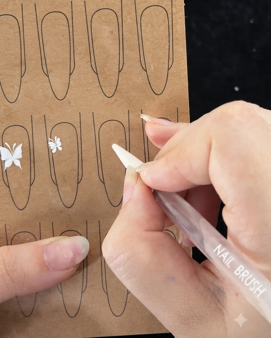 Eine detaillierte Nahaufnahme eines Nagelpinsels, der eine dünne weiße Linie zieht, um die erste Blütenblattschicht zu beginnen.