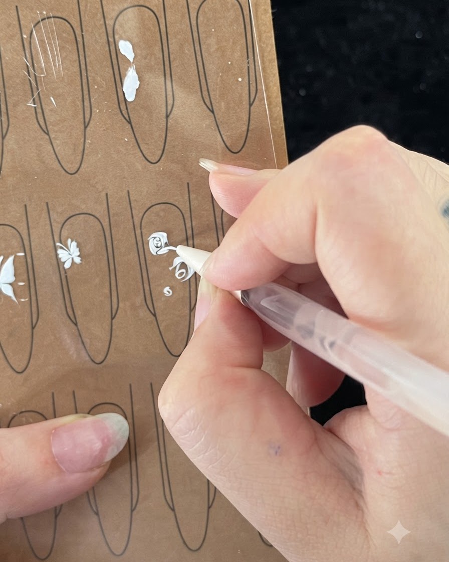 Eine Nahaufnahme eines Nail-Art-Pinsels, der einen feinen dritten Strich auf ein gemaltes weißes Rosenblütenblatt zeichnet.