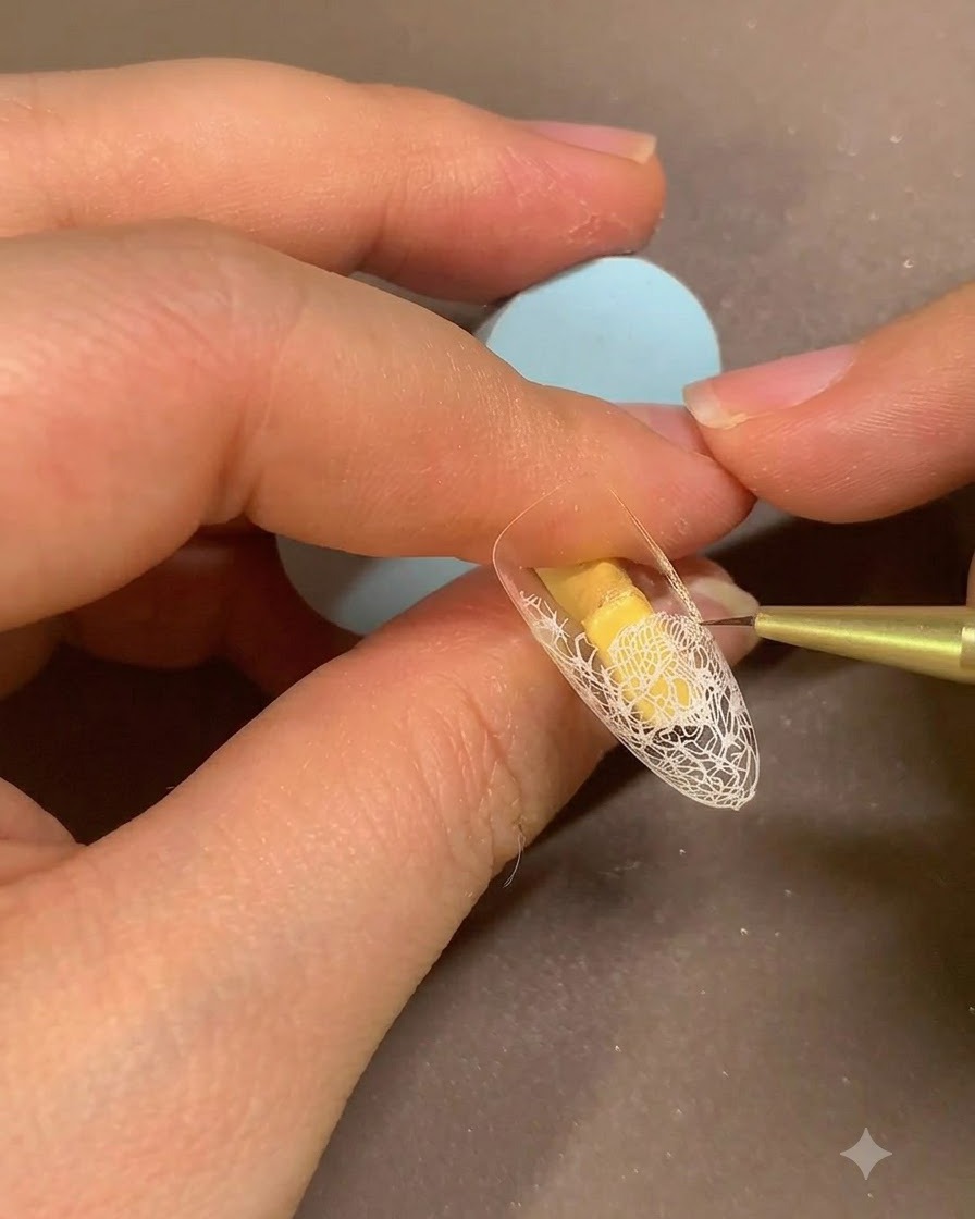 Ein feiner Pinsel streicht die beige Gel-Schicht auf einem Nagel mit weißem Spitzenmuster glatt.