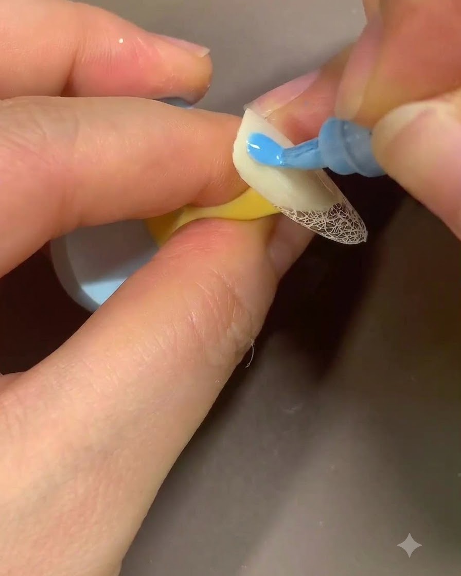 Ein Marker-Stift malt kleine blaue Blütenblatt-Formen auf die beige Oberfläche eines dekorierten Nagels.