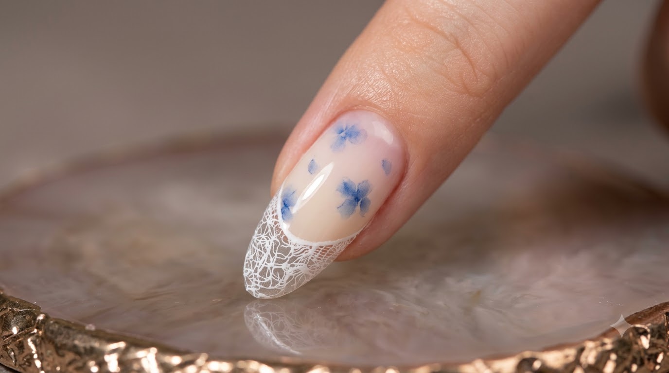 Blaue Aquarell-Blumen & Spitzen Nail Art — Anfänger Tutorial