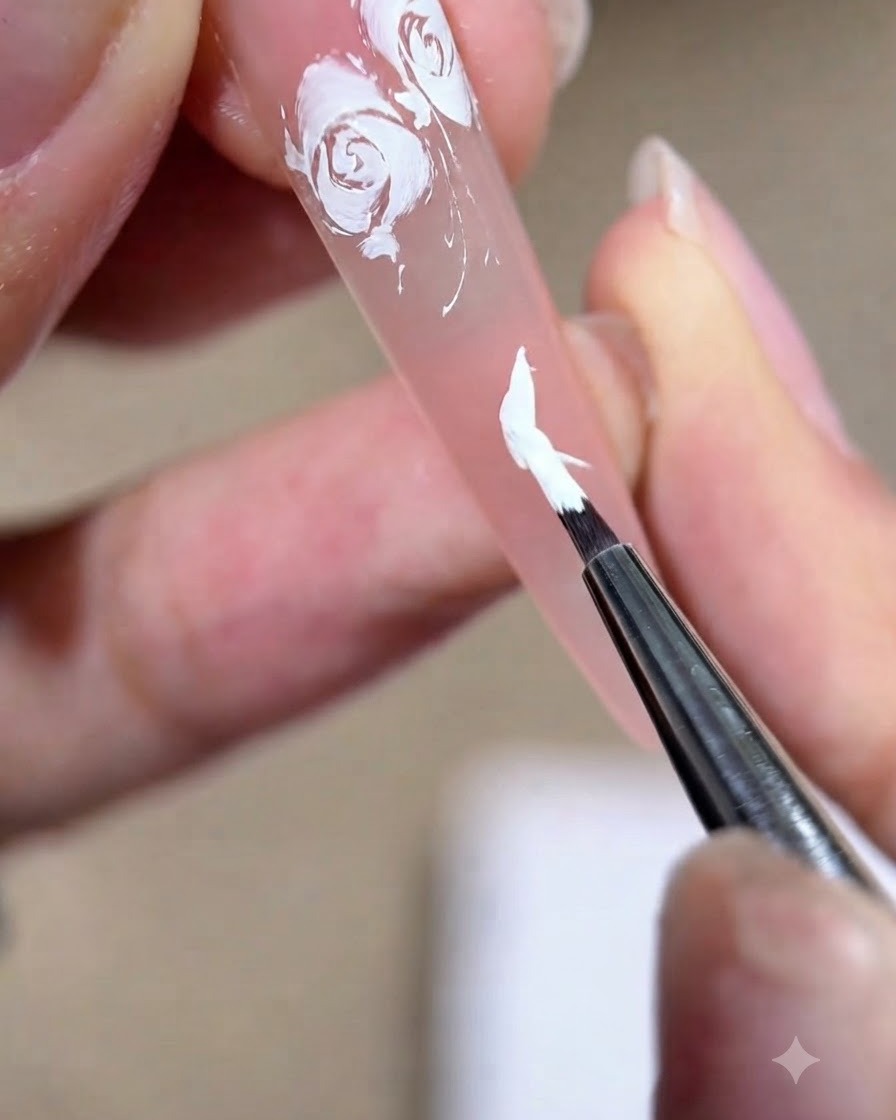 Nahaufnahme einer Nageldesignerin, die einen kleinen Pinsel verwendet, um ein weißes Gel-Blütenblatt auf einem Nude-Nagel zu formen.