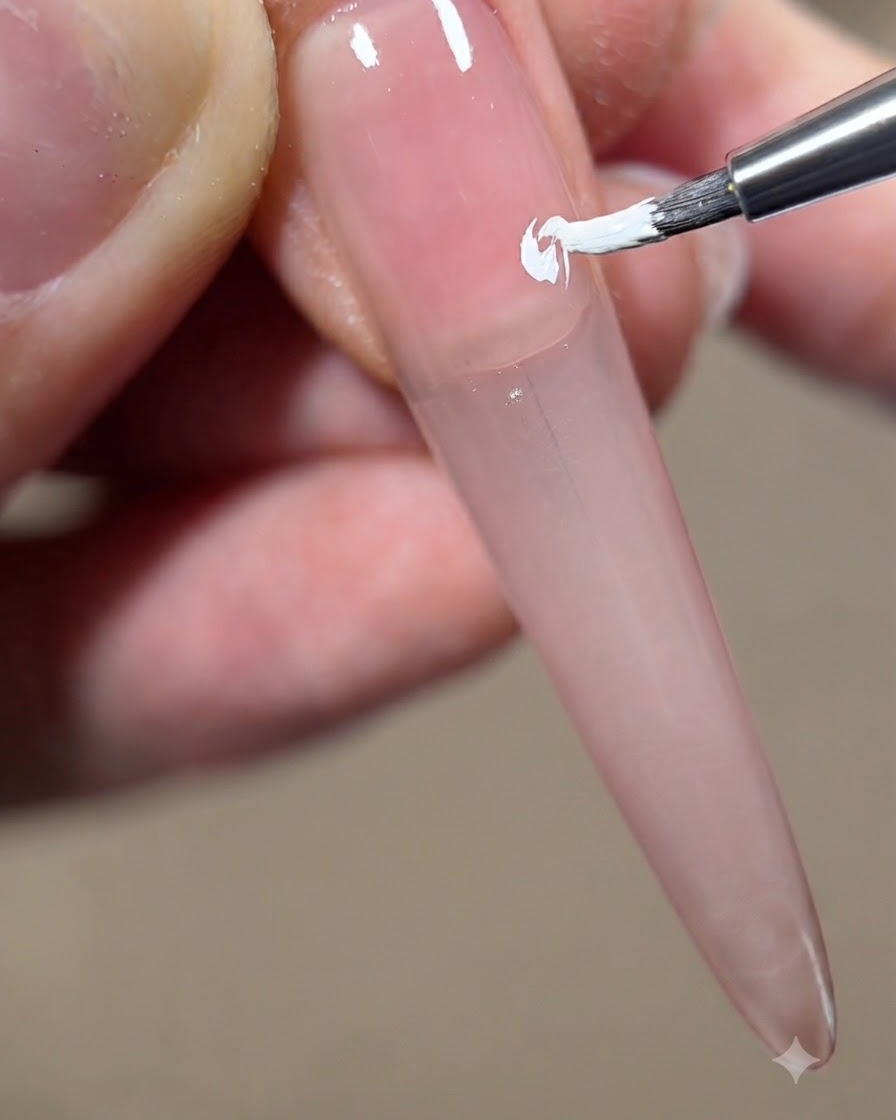 Nahaufnahme beim Auftragen eines kleinen weißen Gel-Strichs in die Mitte der ersten gemalten Blütenblattschicht.