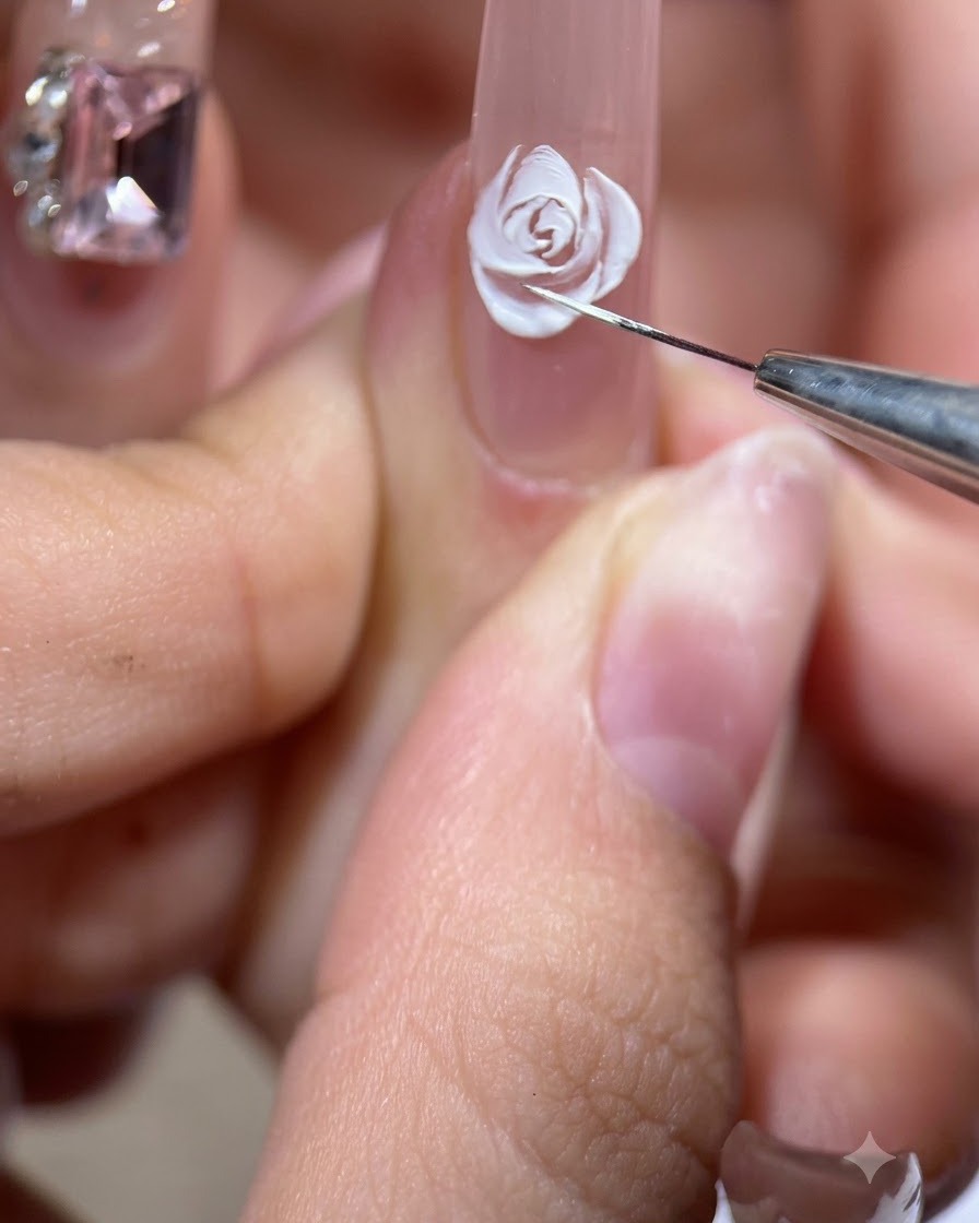 Ein Linienpinsel detailliert ein nach außen geschwungenes weißes Blütenblatt, um eine Lücke an der Seite des Rosen-Nail-Arts zu füllen.