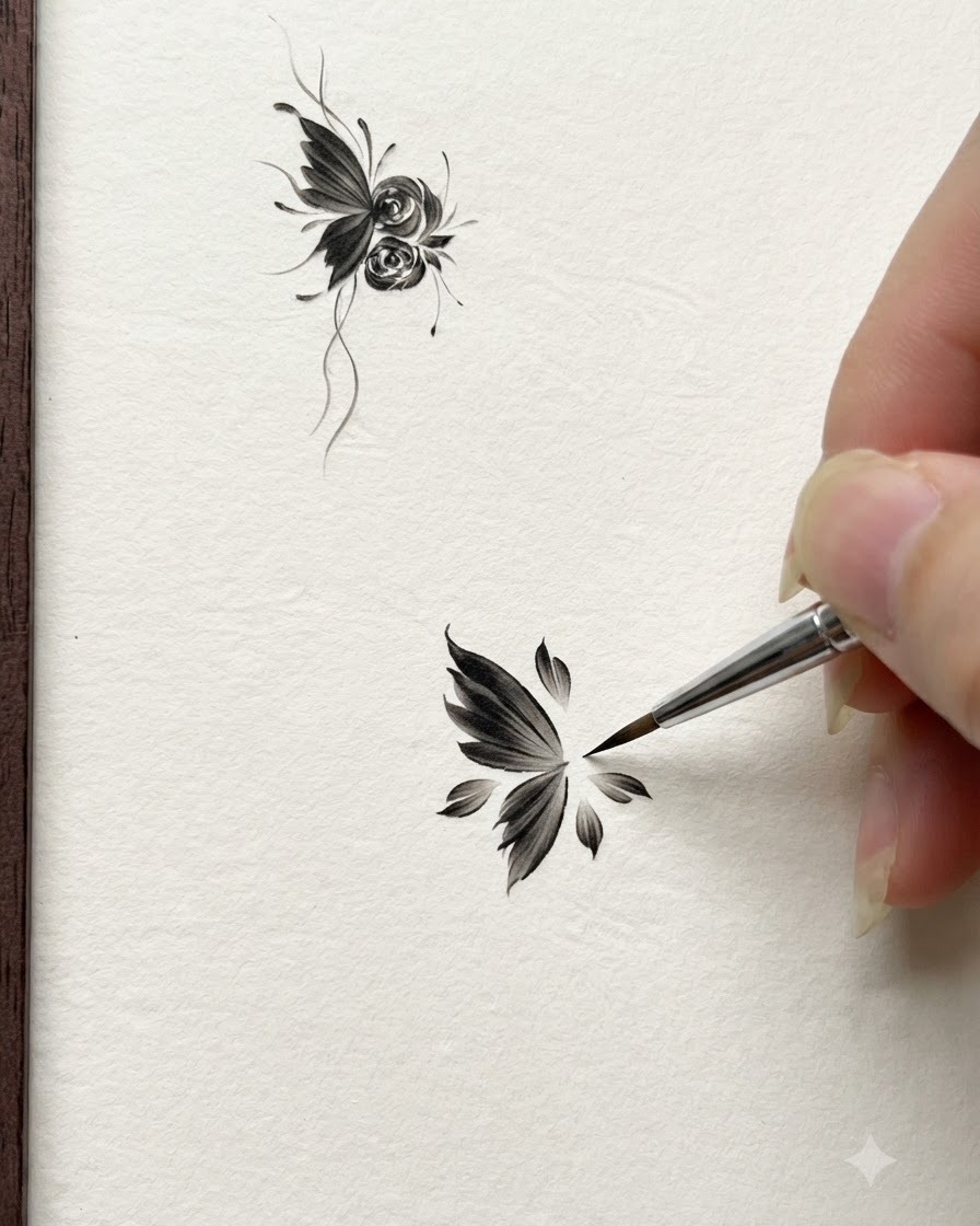 Ein Nail-Art-Pinsel platziert drei kleine Blütenblätter dicht um den zentralen Rosenumriss herum.