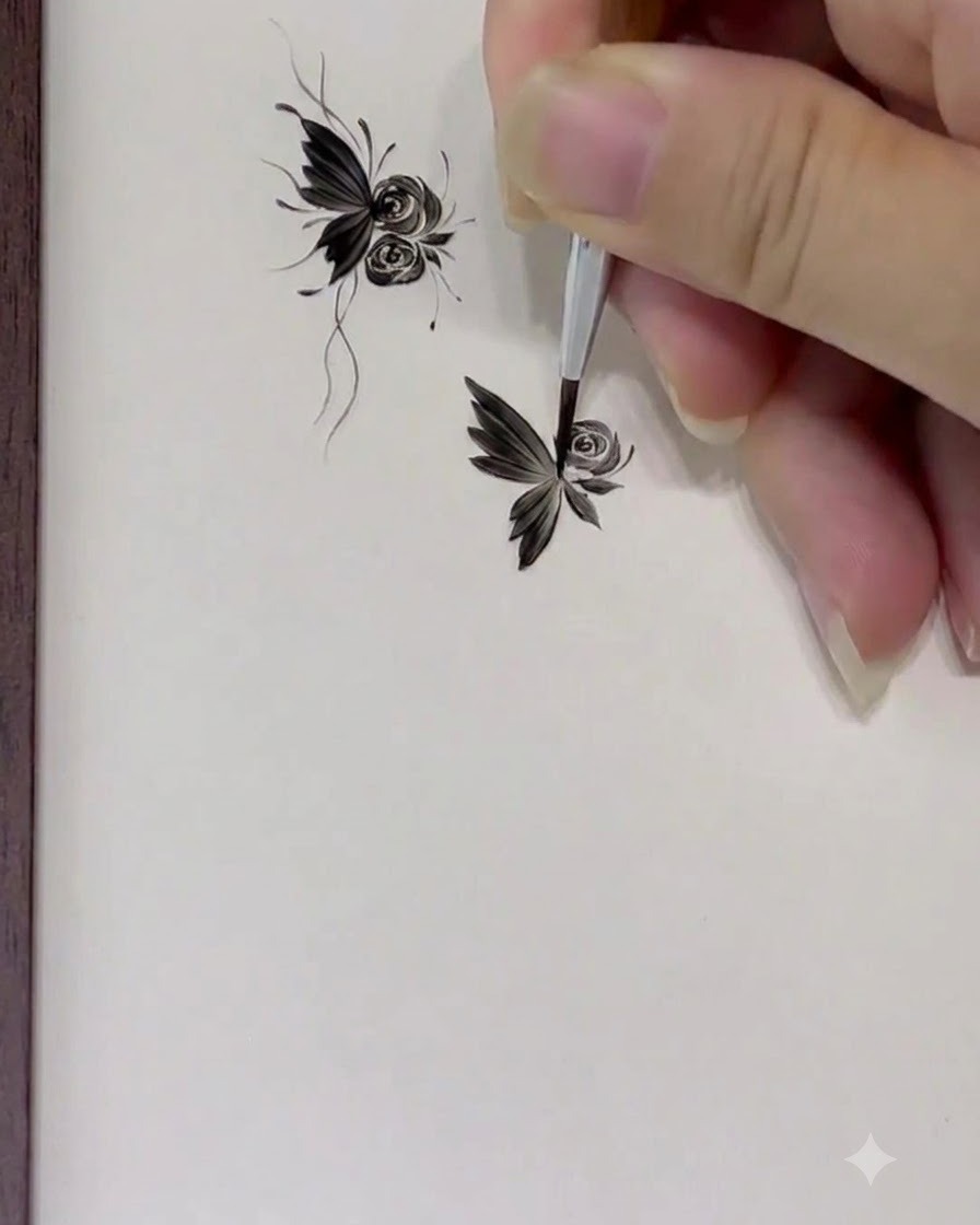 Eine Nahaufnahme eines Pinsels, der pralle, C-förmige Blütenblätter um das wachsende Rosendesign malt.