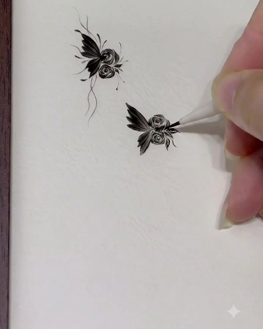 Ein feiner Pinsel fügt zarte Akzentpunkte und fließende Linien um das fertige Schmetterlings- und Rosendesign hinzu.